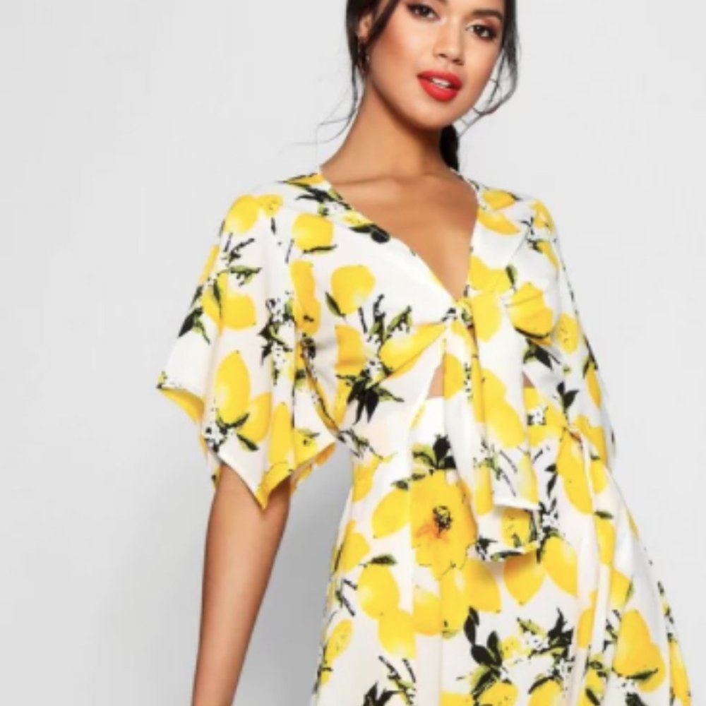 Knot Front Lemon Print Midi Dress